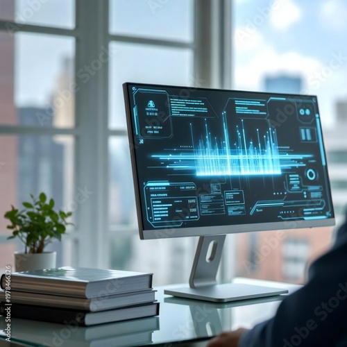 Hight technology Use at home and offices, mobile, laptop and screen in a futuristic way 