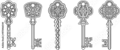 Ornate Decorative Key Vector Set with Intricate Designs and Vintage Style for Luxury and Elegant Projects