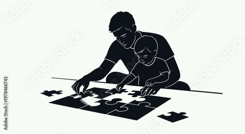 Father and son doing puzzle.