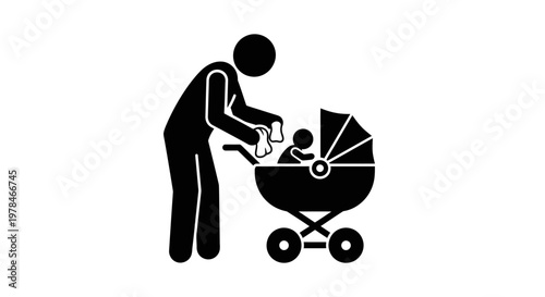 Father changing baby in stroller outside.