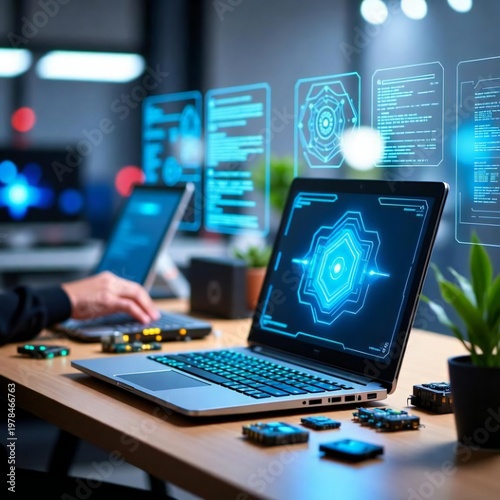 Hight technology Use at home and offices, mobile, laptop and screen in a futuristic way 