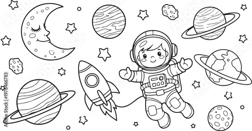 Little astronaut with rocket and planets in space coloring page for kids.