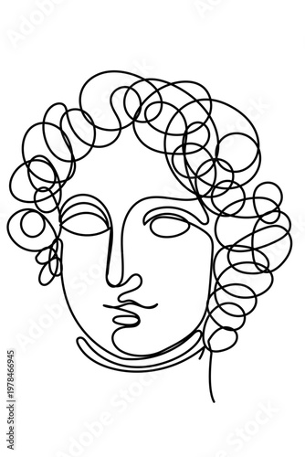 Line Art Antique Character Face. Curved Pen Stroke Drawn Elegant Portrait. Artist Silhouette. Aesthetic Contour Drawn Statue Mascot Head. Vintage Shop or Museum Logo Design Wavy Outline Person