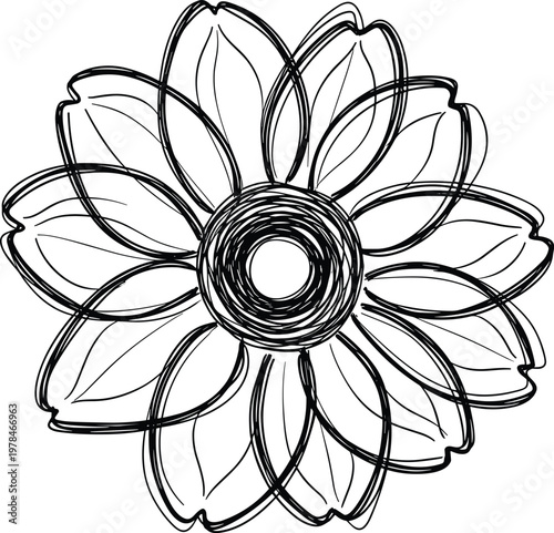 Black and white sketch of a stylized flower with a circular center and radiating petals