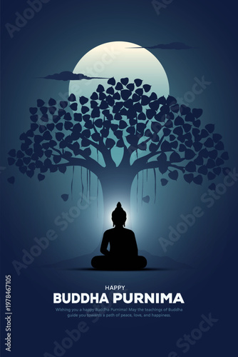 Happy Vesak Day, Buddha Purnima wishes greetings with silhouette of buddha. Creative vector illustration design.