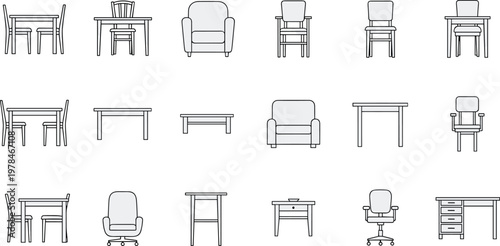 Office and Home Furniture Set Vector Illustration with Chairs, Tables, Desks, and Armchairs for Interior Design Projects