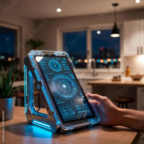 Hight technology Use at home and offices, mobile, laptop and screen in a futuristic way 