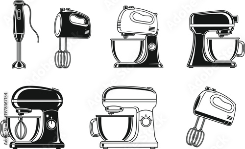 Collection of black and white kitchen mixer icons and illustrations stand mixer hand mixer