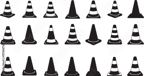Traffic Cones in Various Styles and Orientations Illustration