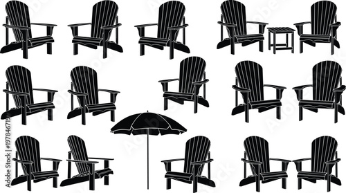 Collection of black silhouette Adirondack chairs and one umbrella on white background