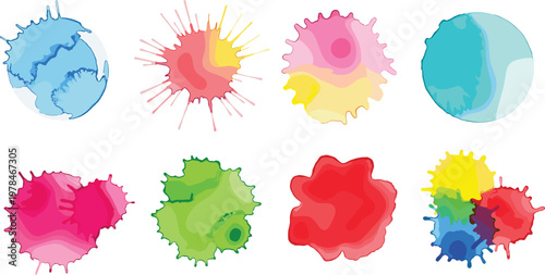 Collection of eight colorful abstract watercolor paint splatters and blobs vector