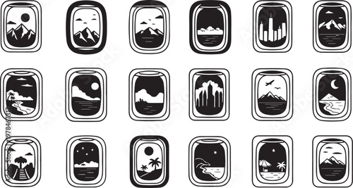 Black and white icons of various landscapes and scenery