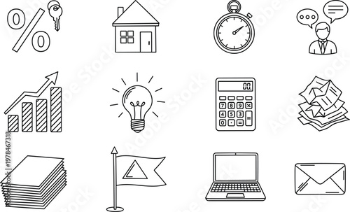 Collection of business and finance icons with a hand drawn outline style concept