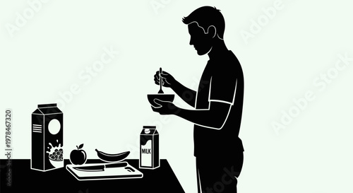 Man preparing breakfast cereal bowl.