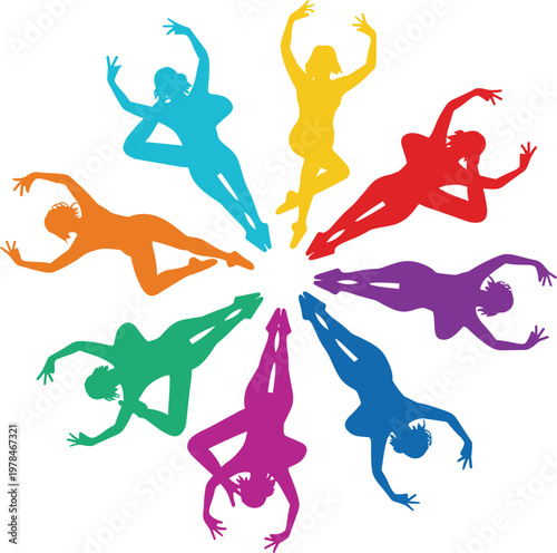 Diverse group of colorful silhouettes of dancers in dynamic poses arranged in a circle