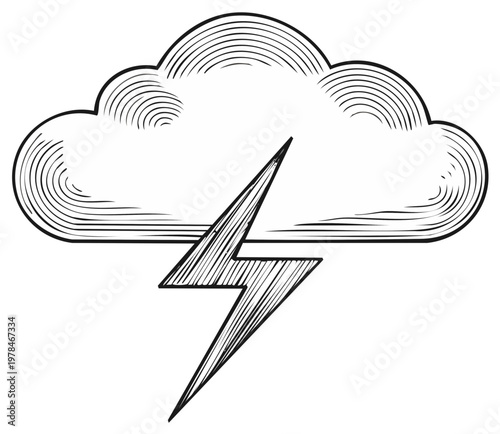 Illustration of a cloud with a lightning strike in black and white hand drawn effect
