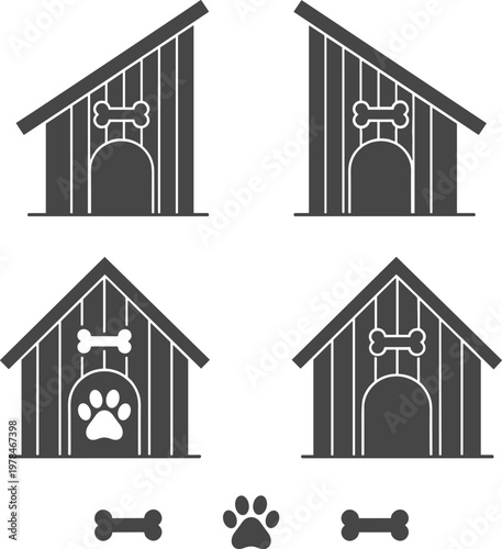 Four dark grey dog houses with bone and paw print icons on white background kennel