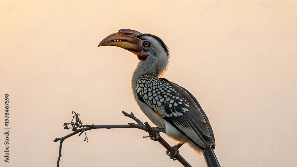Fototapeta premium A Southern Yellow-billed Hornbill perched on a branch against a soft, hazy sky at sunrise.