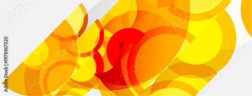 Abstract design features overlapping circles, warm colors. Yellows, oranges, reds create dynamic visual effect. Modern, vibrant composition.