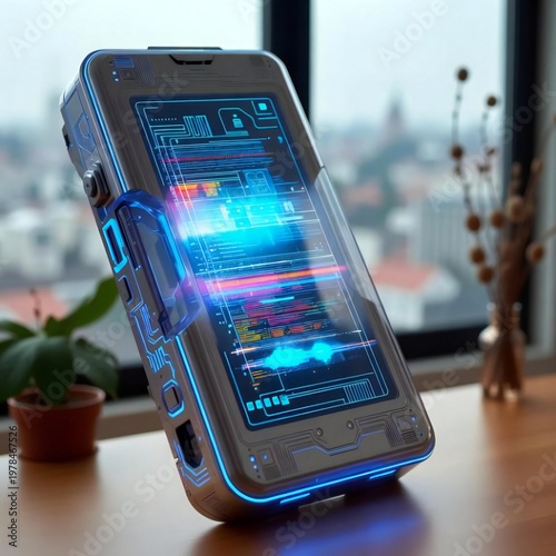 Hight technology Use at home and offices, mobile, laptop and screen in a futuristic way 