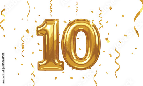 Golden number 10 balloons with falling confetti and streamers vector