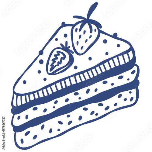 Hand drawn outline illustration of a strawberry cake slice with cream layers and fresh berries. Minimal linear bakery icon in doodle style, perfect for menu design, packaging, stickers