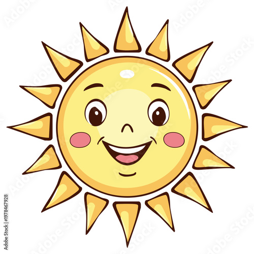 Cheerful smiling cartoon sun with rays and rosy cheeks, isolated illustration