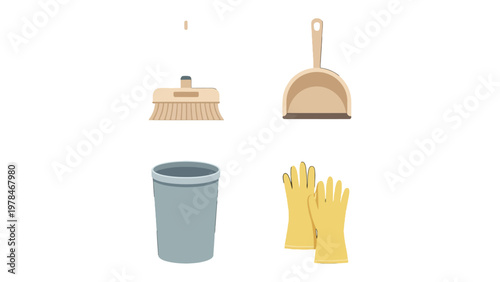 Cleaning Essentials: A neat collection of household cleaning tools, showcasing a broom, dustpan, bucket, and protective gloves, arranged in a simple and clean style. 