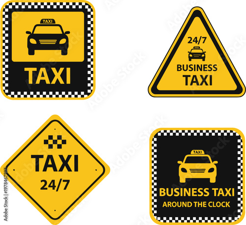 Four yellow and black taxi service signs with car icons and text transportation