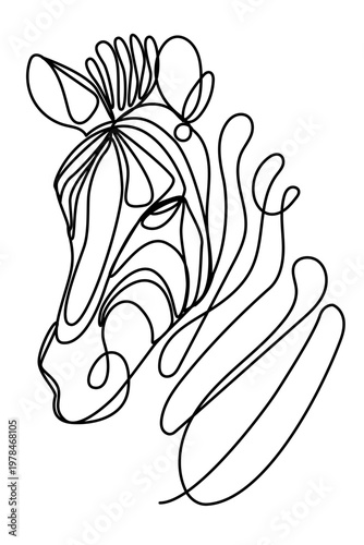 Line Art Zebra Portrait. Wild Striped Black White Horse Animal Character. Curved Pen Stroke Drawn. Sketch Outline Zebra Isolated on Background. Editable Wild Safari Life Mascot Head Contour Frame