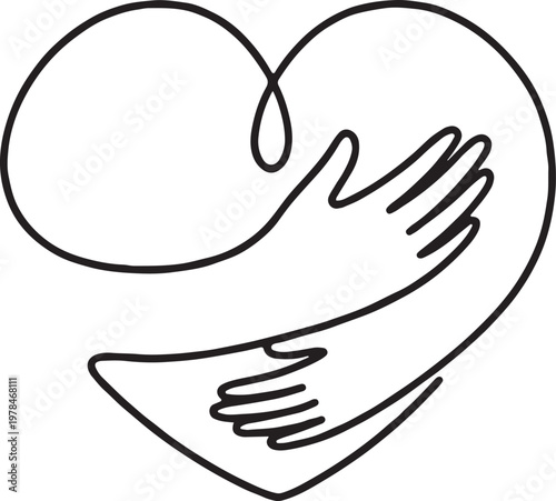 hand hugging heart continuous line art design vector illustration