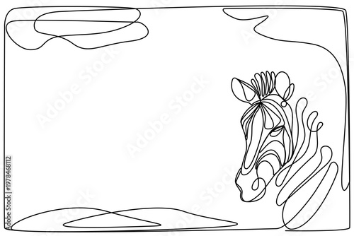 Line Art Zebra Portrait. Wild Striped Black White Horse Animal Character. Curved Pen Stroke Drawn. Sketch Outline Zebra Isolated on Background. Editable Wild Safari Life Mascot Head Contour Frame