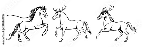 Norse Sleipnir set with hand-drawn organic illustration of an eight-legged horse featuring hand-drawn, organic, stylized with mythological and equine