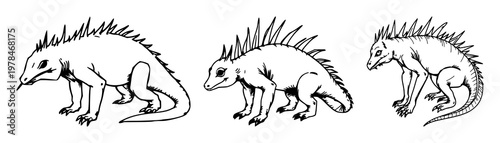 Chupacabra set with sketchy black line art featuring hunched spined creature illustrating nocturnal folklore with eerie silhouette and mythical creature