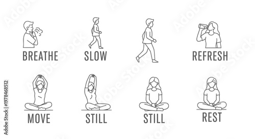 Yoga icons, mindfulness symbols, meditation graphics, wellness illustrations