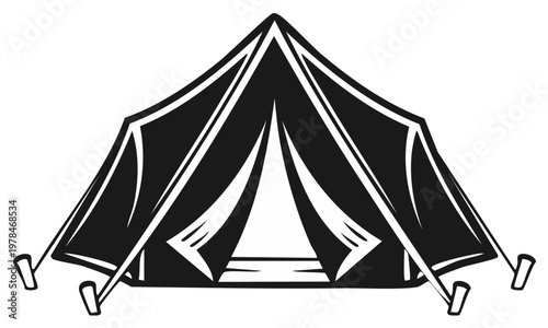 Stylized Camping Tent Illustration Design Element Adventure Outdoors Vacation Trip in Simple Black and White