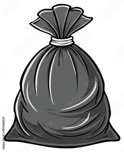 Dark gray trash bag illustration tied with a white tie, cleanup and disposal concept
