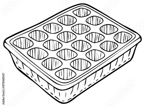 Seedling tray with multiple compartments black and white vector illustration