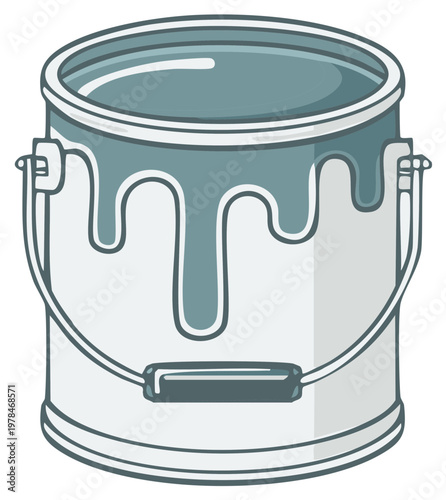 Dripping Paint Can Container with Gray Liquid and Metal Handle