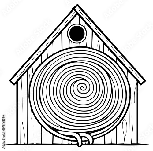 Coiled garden hose inside wooden shed outline in black and white