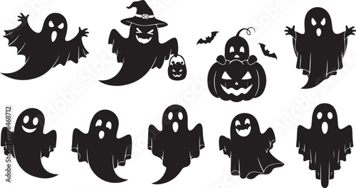 Halloween Ghosts and Pumpkins Silhouette Vector Graphic Illustration Set