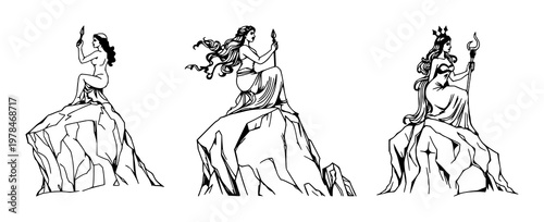 Greek Siren set with a hand-drawn line art illustration featuring a mythological creature, jagged rock, ocean with fantasy and folklore