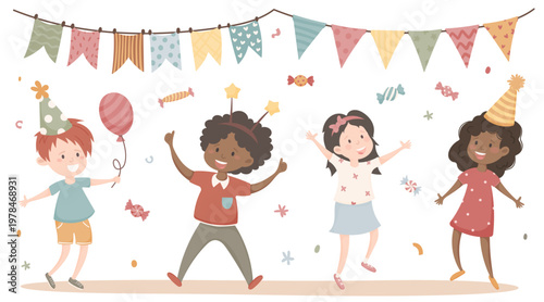 Happy children celebrating birthday with balloons, candy and festive decorations. Cute diverse kids in playful scene. Perfect for greeting cards, invitations and kids party design