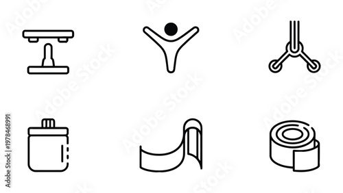 Fitness Icon Set: A collection of sleek, minimalist line art icons symbolizing fitness, health, and wellness concepts, each representing a facet of a balanced lifestyle.