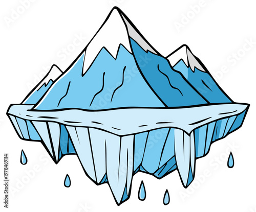 Cartoon Glacier Iceberg Floe Vector Illustration with Snowcapped Mountains