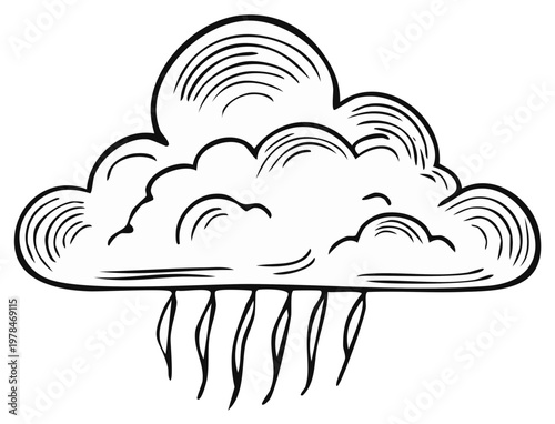 Stylized cloud illustration depicting rain falling with a hatching art style