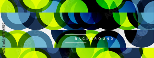 Abstract geometric pattern. Overlapping circles create vibrant, modern background. Green, blue hues dominate composition. Simple design.