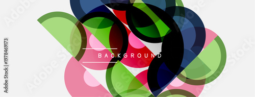 Abstract colorful shapes overlap, creating dynamic composition. Light background enhances vibrant hues, modern design element.