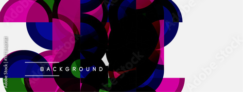 Abstract colorful overlapping circles create dynamic composition. Dark area contrasts bright hues, modern design element.