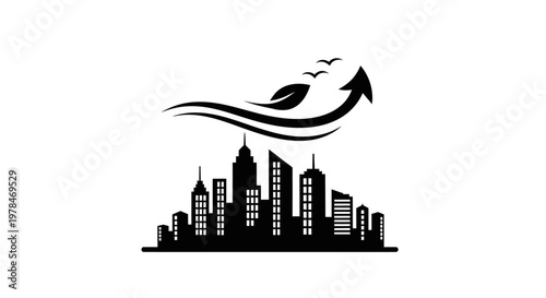 Black city skyline with arrow graphic.